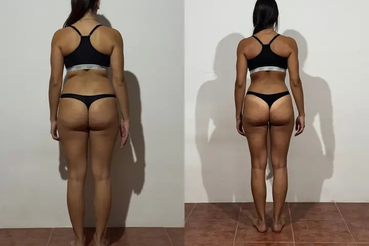 Gloria antes y después, de espaldas