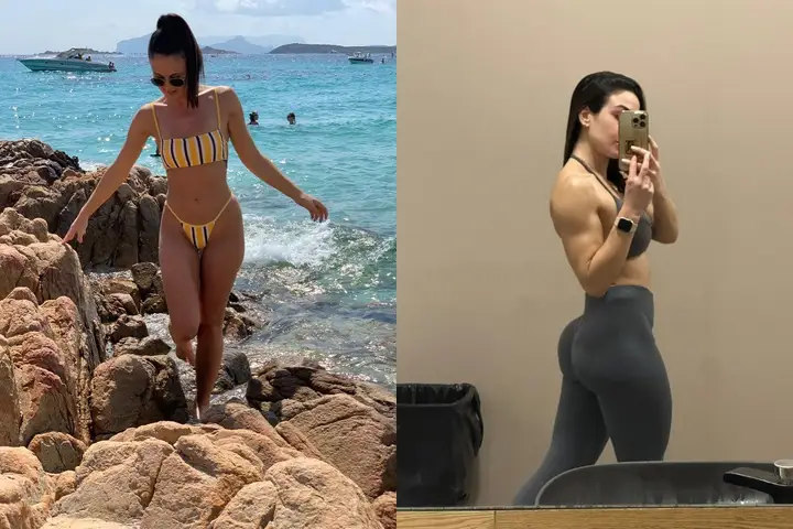 Judith antes, en la playa, y después, en el gimnasio