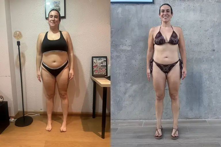 Noelia antes y después de 6 meses de programa, de frente